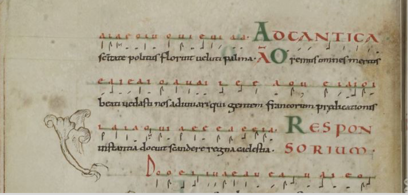 Dans les manuscrits importants nous pouvons signaler le bréviaire d'été de l'abbaye Saint-Bertin en notation lotharingienne sur lignes :
