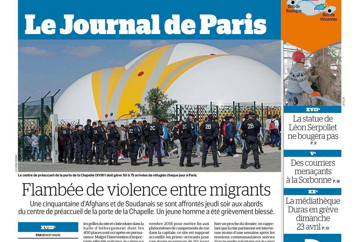 Flambée de violences entre migrants : la "une" du Parisien (édition Paris) du 14 avril 2017. 