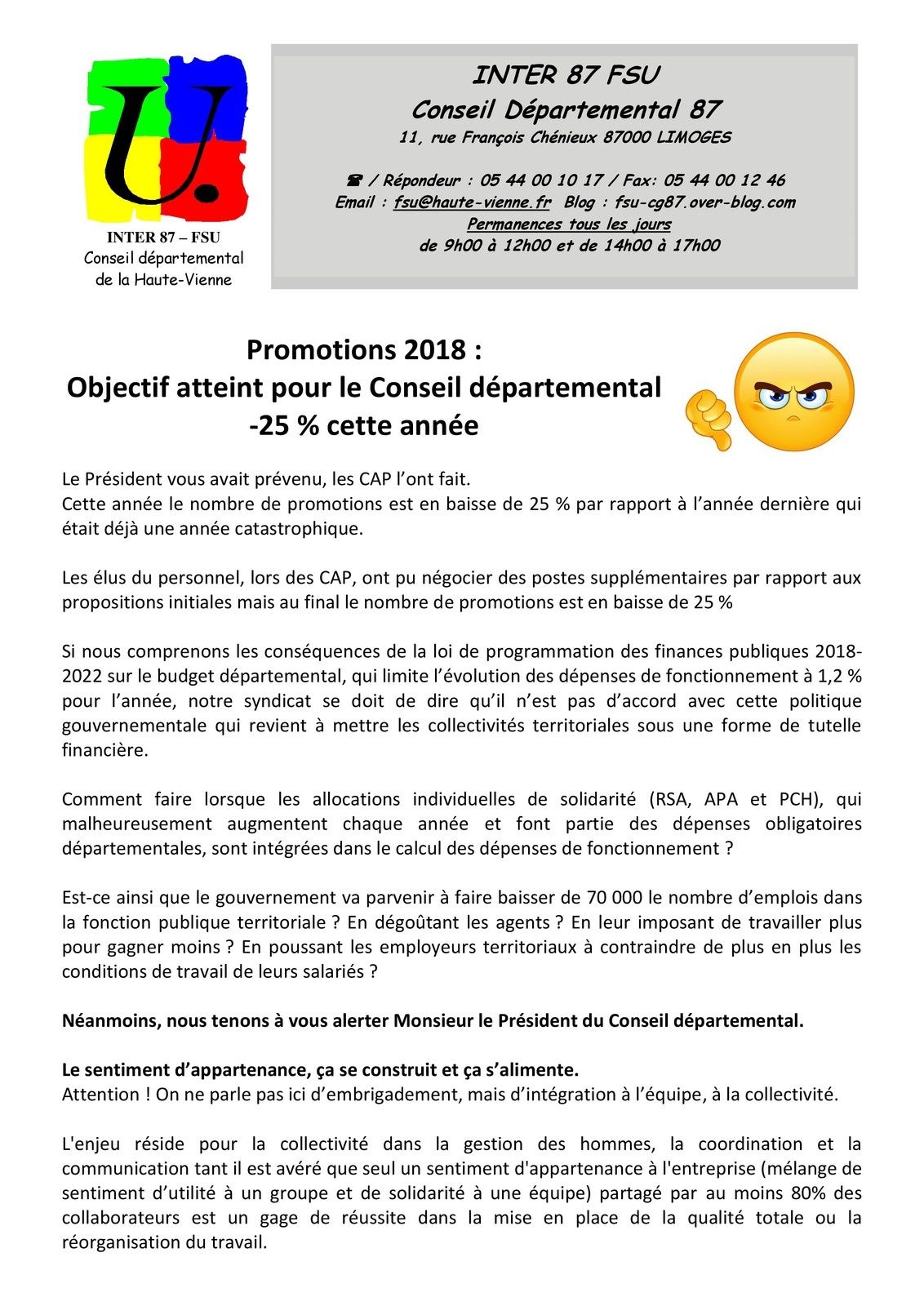 CAP Promotions 2018 INTER 87 FSU Section du Conseil départemental de
