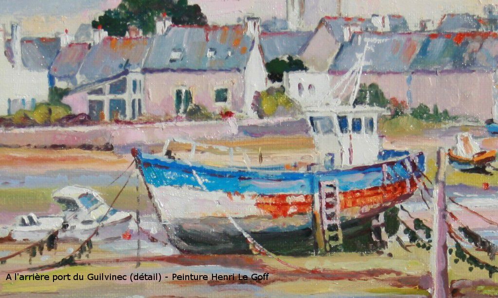 Navires de pêches et barques échouées à arée basse dans l'arrière port du Guilvinec - Peinture à l'huiles ur toile Henri Le Goff
