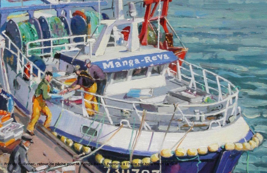 Débarquement de la pêche pour le "Manga Reva" sur les quais du port du Guilvinec - Peinture marine Henri Le Goff