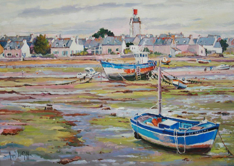 Barques échouées à l'arrière port du Guilvinec en pointe Bretagne - Peinture marine Henri Le Goff