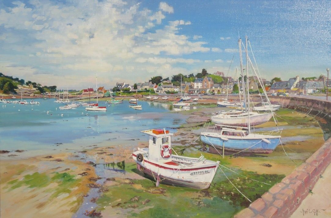 Embarcations échouées à marée basse dans le port de Ploumanac'h Cote de granit rose - Peinture marine de Bretagne Henri Le Goff