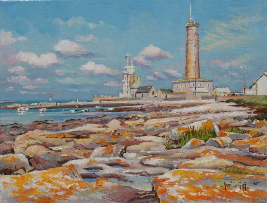 Penmarch le vieux phare et le sémaphore - peinture marine du Finistère Henri Le Goff