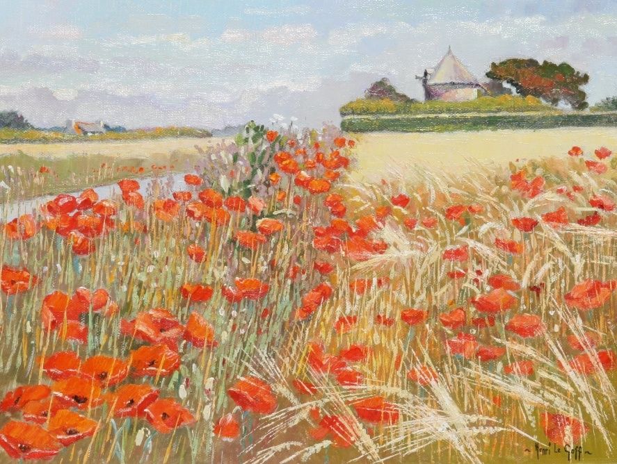 Treguennec le moulin aux coquelicots - peinture huile sur toile paysage de Bretagne artiste Henri Le Goff