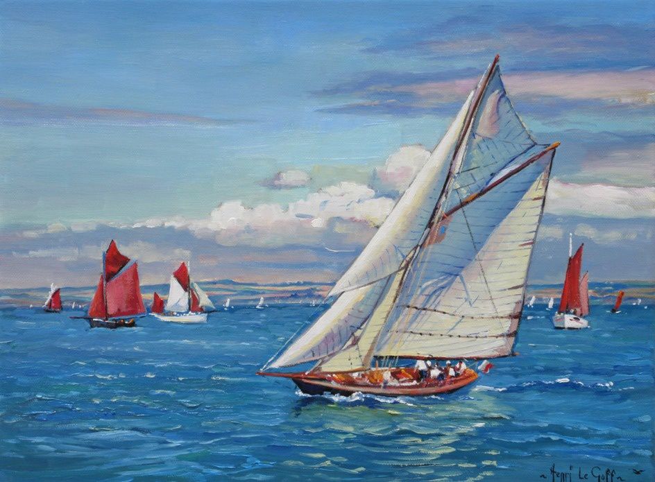 Voilier de légende Voilier d exception - Pen Duick d Eric Tabarly en baie de Douarnenez - Peinture marine Huile sur toile Henri Le Goff