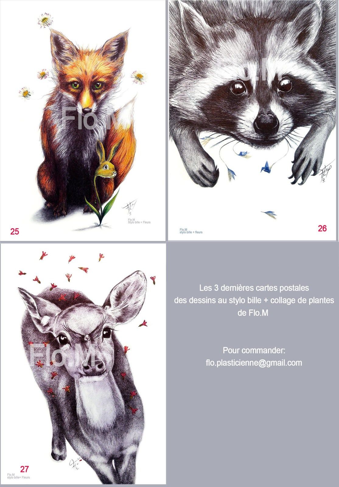 Nouvelles cartes postales des dessins animaliers au stylo bille de Flo.M