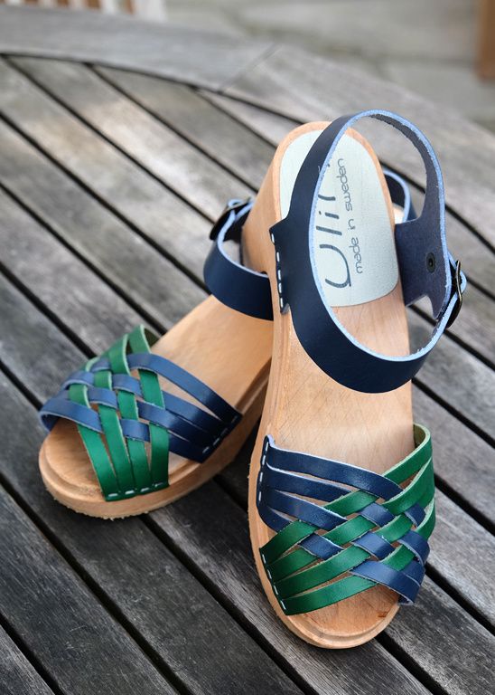 Sandale sabots suédois bois YLIN pour femmes en cuir végétal bleu et vert