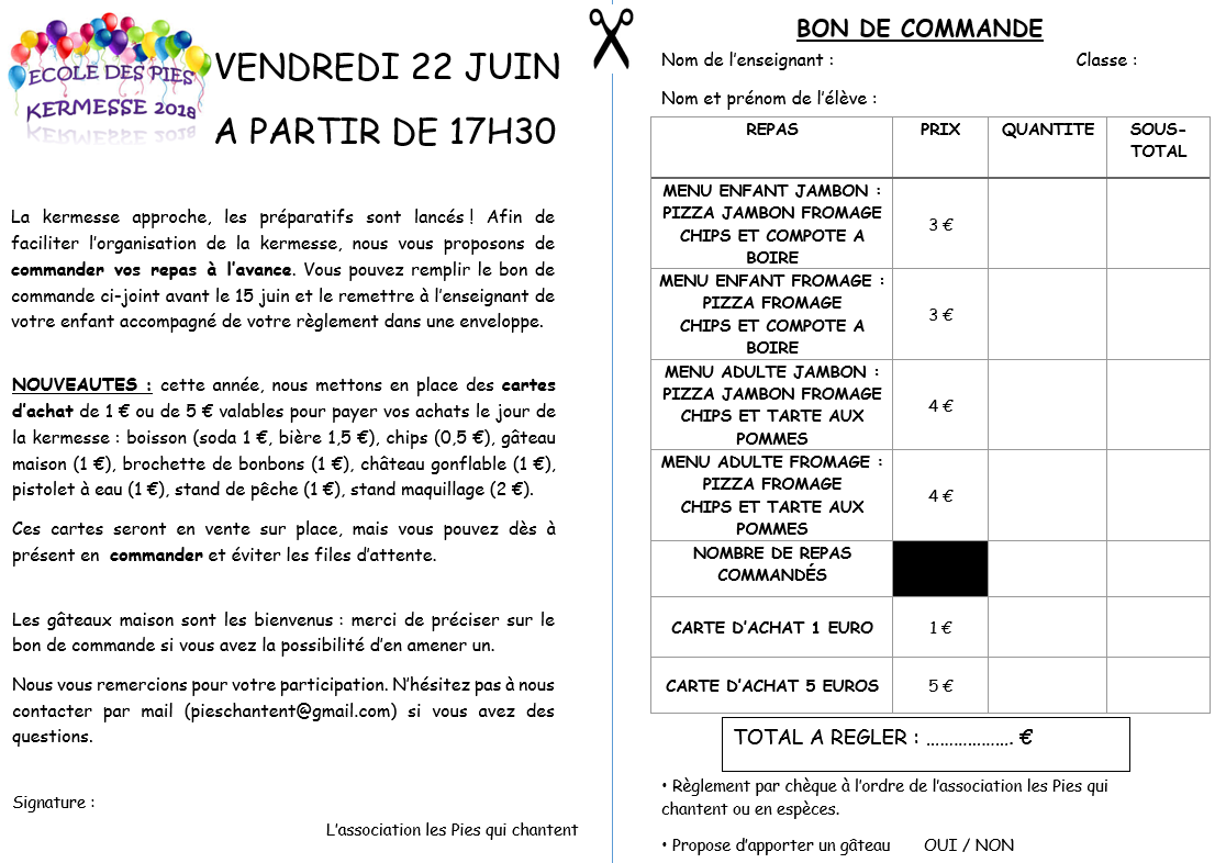 Bon de commande repas et cartes d'achat kermesse 2018 Ecole