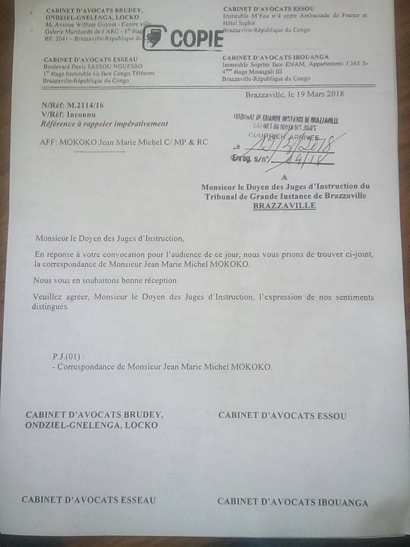 LA LETTRE DE JEAN MARIE MICHEL MOKOKO AU DOYEN DES JUGES DU TRIBUNAL DE