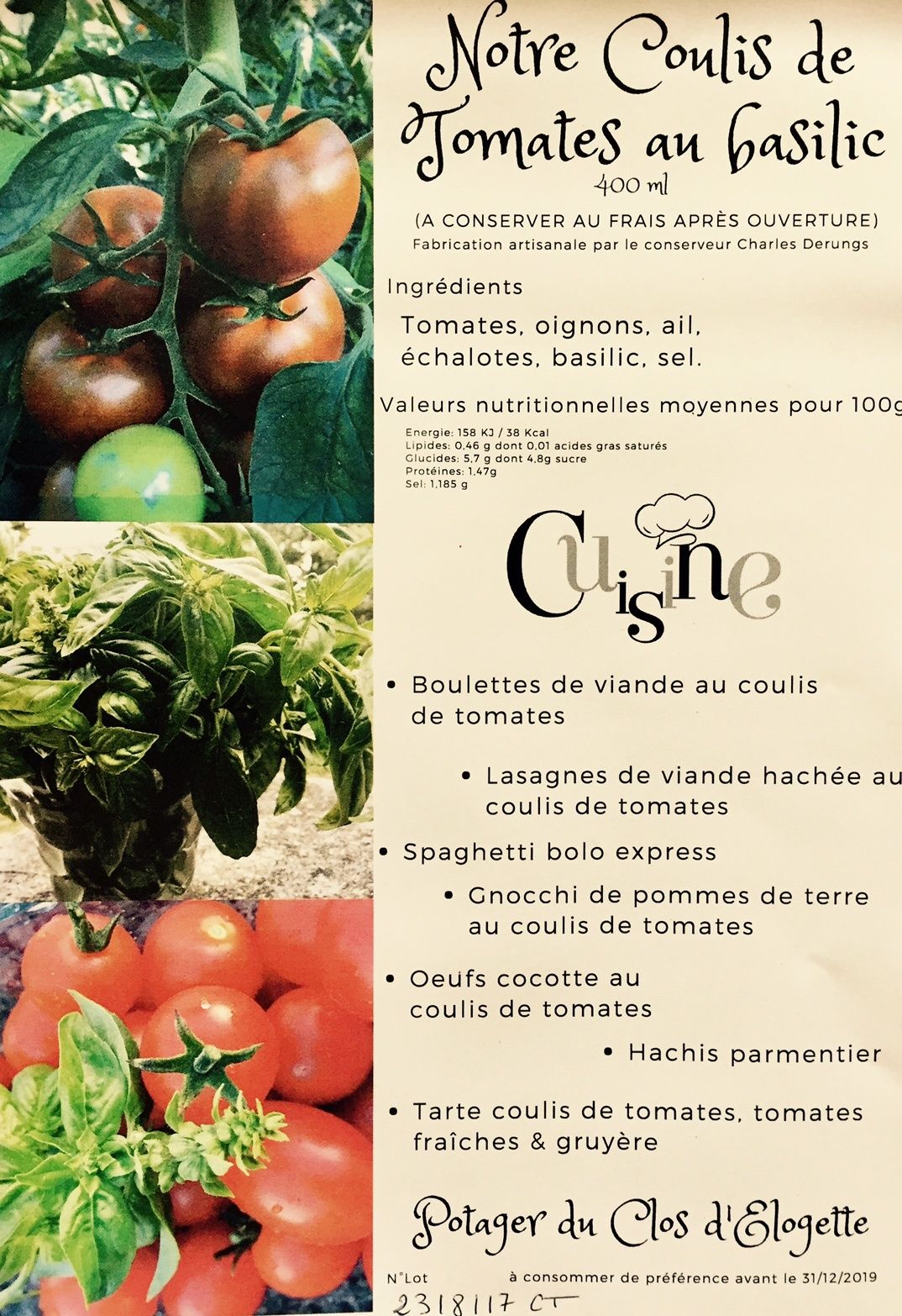 Coulis de tomates au basilic artisanal issu des légumes du potager du Clos d'Elogette