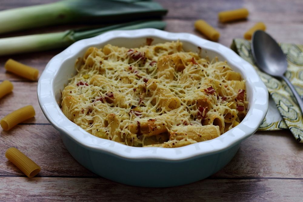 gratin de pâtes aux poireaux