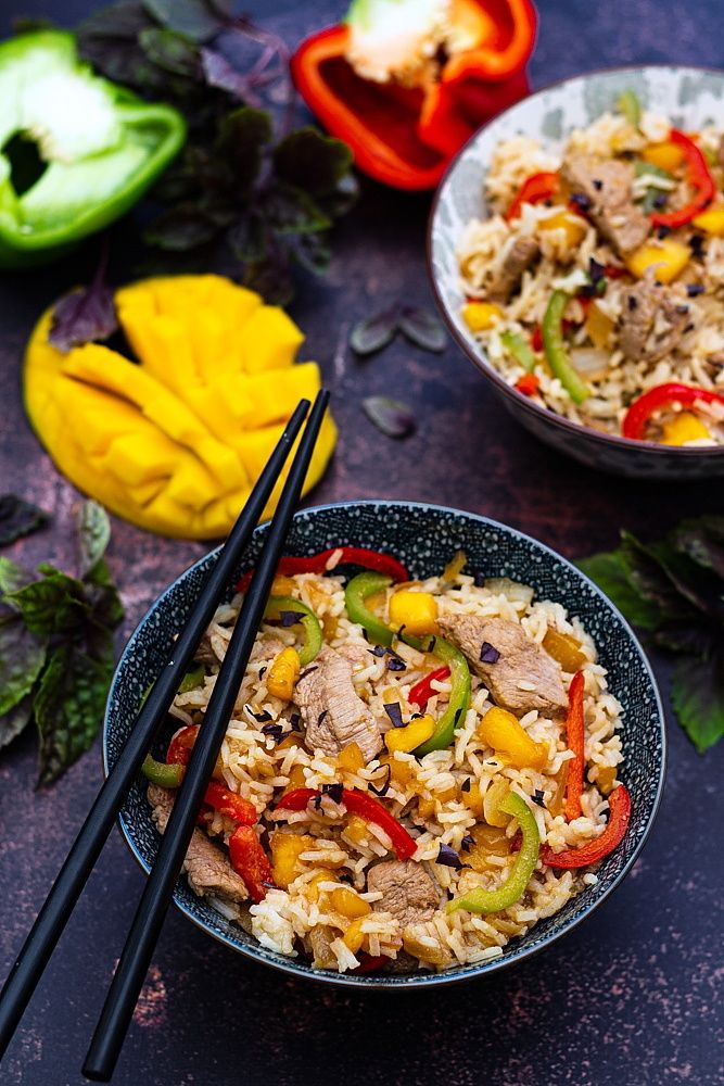 Wok de veau à la mangue, poivrons et riz thaï - Amandine Cooking