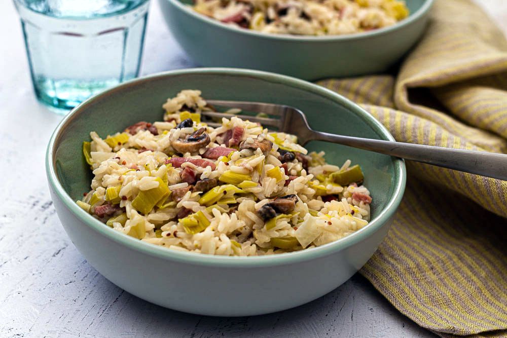 Riz à La Crème Poireaux Champignons Et Bacon Amandine