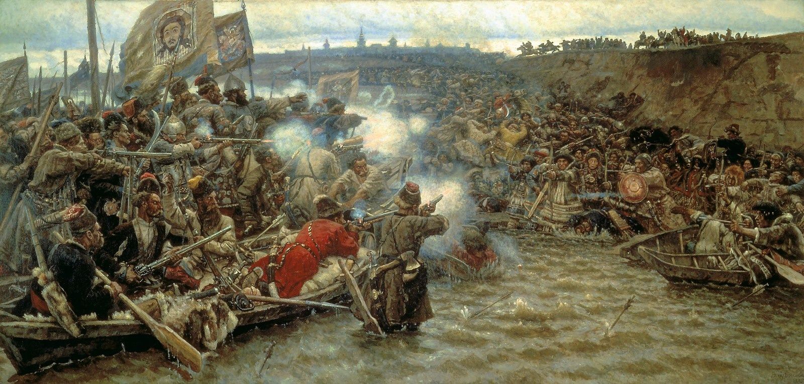Bataille entre les indigènes et les Russes près du lac Tobol (conquête de la Sibérie par Yermak). Huile sur toile par Vassili Sourikov (1895). Musée russe (Saint Petersbourg). Les Russes (à gauche) fusillent sans pitié avec leurs armes à feu, au nom du Christ dont les bannières flottent au-dessus, les indigènes qui se défendent avec des arcs et des flèches. "Ermak Timofeïévitch (en russe : Ермак Тимофеевич ; vers 1540-1585), cosaque du Don et l'un des premiers Russes à explorer la Sibérie occidentale, a permis à Ivan le Terrible de commencer la conquête de cette région et de reculer la frontière de la Russie de l'Oural à l'Irtych.(...) Pour les Russes, Ermak est devenu une légende, le symbole du nouveau pouvoir occidental sur les Sibériens. Il est l'explorateur et le conquérant ayant ouvert la voie vers l'Est." (Wikipedia)