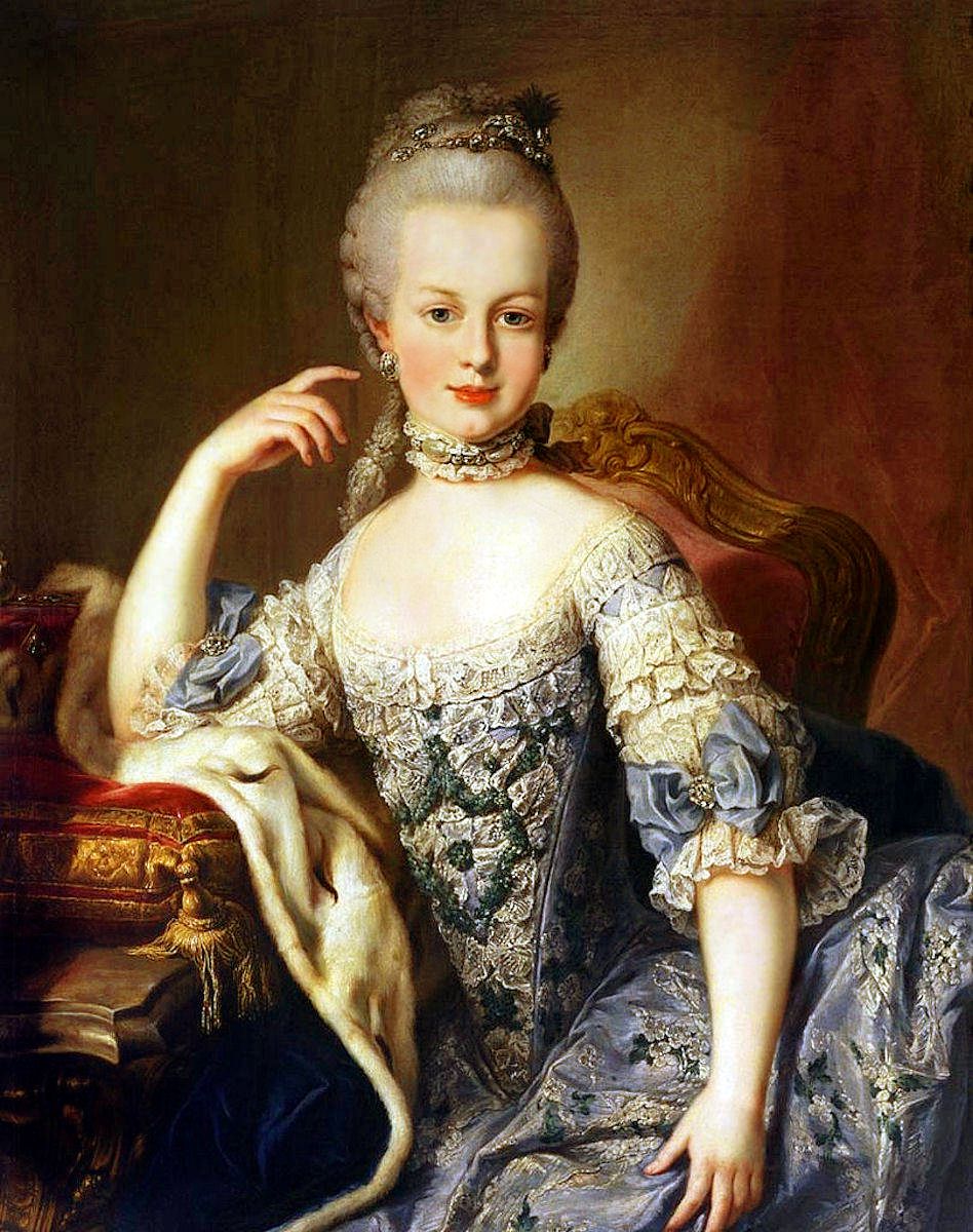 Portrait par Martin van Meytens, vers 1767. Marie-Antoinette Josèphe Jeanne de Habsbourg-Lorraine (en allemand, Maria Antonia Josepha Johanna von Habsburg-Lothringen), archiduchesse d’Autriche, princesse impériale, princesse royale de Hongrie et de Bohême, (née le 2 novembre 1755 à Vienne – morte le 16 octobre 1793 à Paris), fut la dernière reine de France et de Navarre (1774–1792), épouse de Louis XVI, roi de France et de Navarre. Fille de l'empereur François Ier du Saint-Empire, et de Marie-Thérèse d'Autriche, reine de Hongrie et de Bohême, était par son père, arrière-petite-fille de Philippe, duc d’Orléans, frère de Louis XIV, donc une lointaine descendante des rois de France Henri IV et Louis XIII.