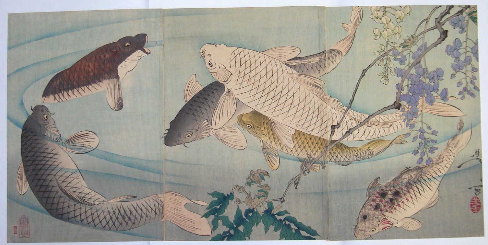 Carpes "koï". Estampe par Tsukioka YOSHITOSHI (1839-1892)