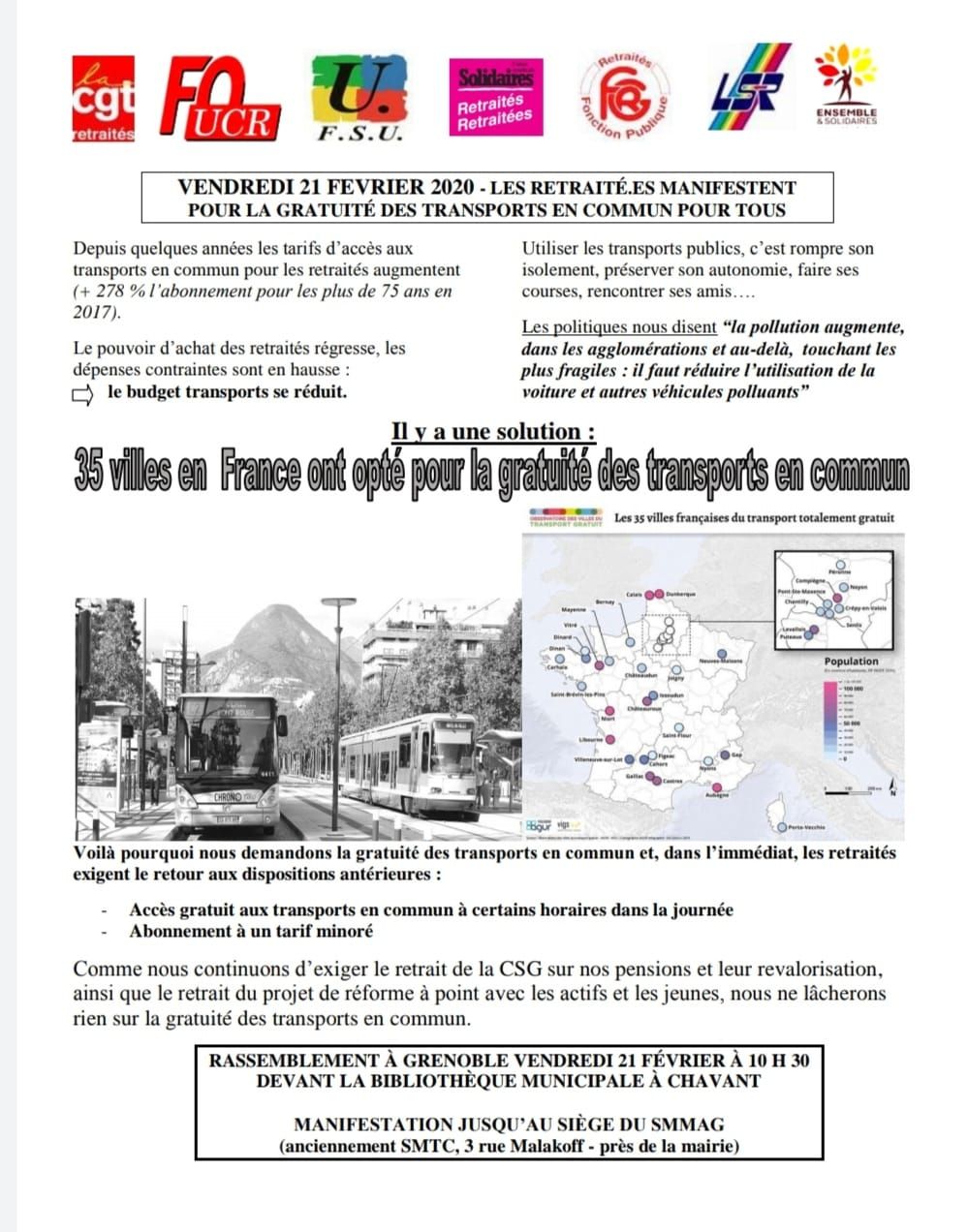 Gratuité des transports: manifestation 21 février 2020 à 10H30, départ bibliothèque  Chavant Grenoble - Michel Barrionuevo - Sassenage