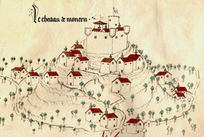 Le castellum de Monte Seupt, soit le château de Montsupt, a été représenté par Guillaume Revel, héraut d'armes du duc de Bourgogne Charles Ier dans son armorial de 1451. Il consistait alors en un donjon au sommet du pic, accompagné d'une enceinte de remparts à quatre côtés, " flanqué aux angles de tourelles en encorbellement " (Le Forez dans tous ses états). Une seconde enceinte est presque immédiatement rajoutée pour compléter la défense du mont, non représentée sur le dessin de Revel.