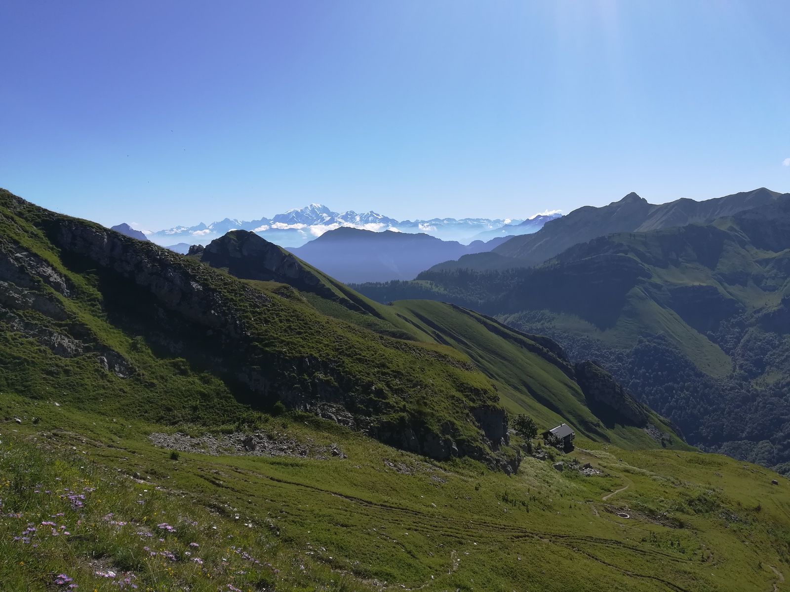 On redescend vers le Chalet de Charbonnet avec une vue sur le Mont Blanc