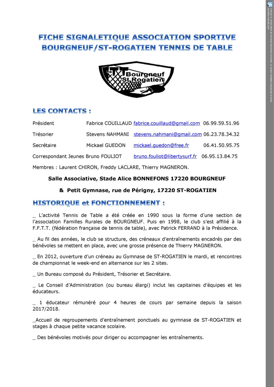 2/ FICHE SIGNALETIQUE DU CLUB - BOURGNEUF/SAINT-ROGATIEN Tennis de Table