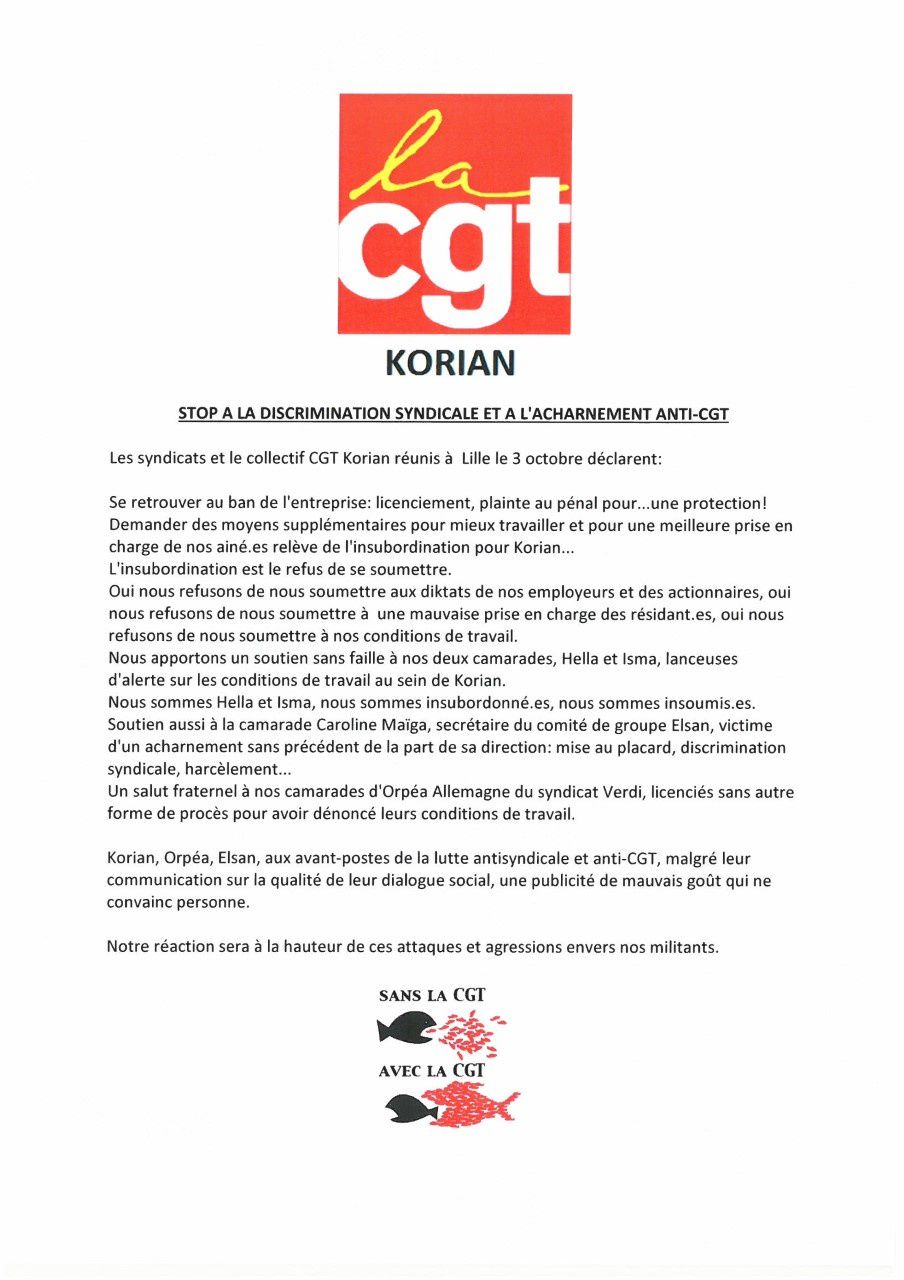 Communiqué des syndicats et du collectif CGT Korian: STOP A LA DISCRIMINATION SYNDICALE ET A L'ACHARNEMENT ANTI-CGT. (à distribuer et à afficher sur vos établissements).