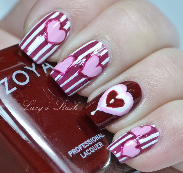 Valentine's Day inspired manicure #2 Hearts & Stripes - Lucy's Stash