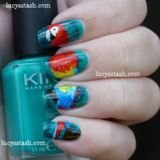 Parrot nail art manicure - Scarlet Macaw in the jungle