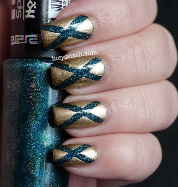 Gold and holographic teal Diagonals tape manicure featuring Hits and China Glaze