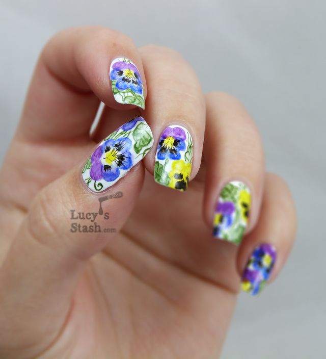 Watercolour (aquarelle) Nail Art - Pansy Violet Flowers - Lucy's Stash