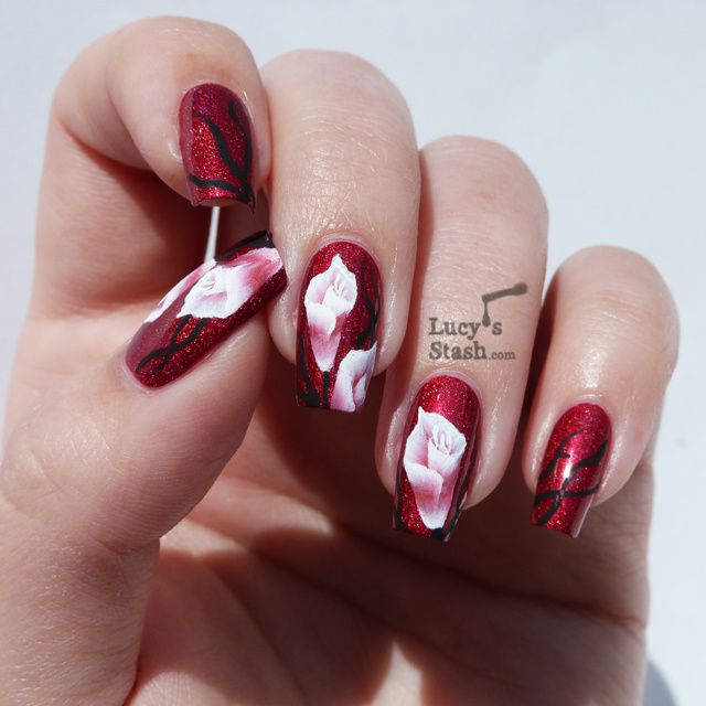 One stroke nail art flowers over A England Rose Bower - Lucy's Stash