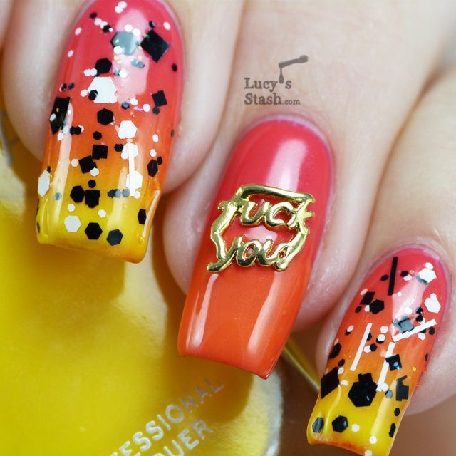 Lucy's Stash: Sunset Gradient Nail Art with Sticks 'n' Stones glitter & Hex jewelry charm