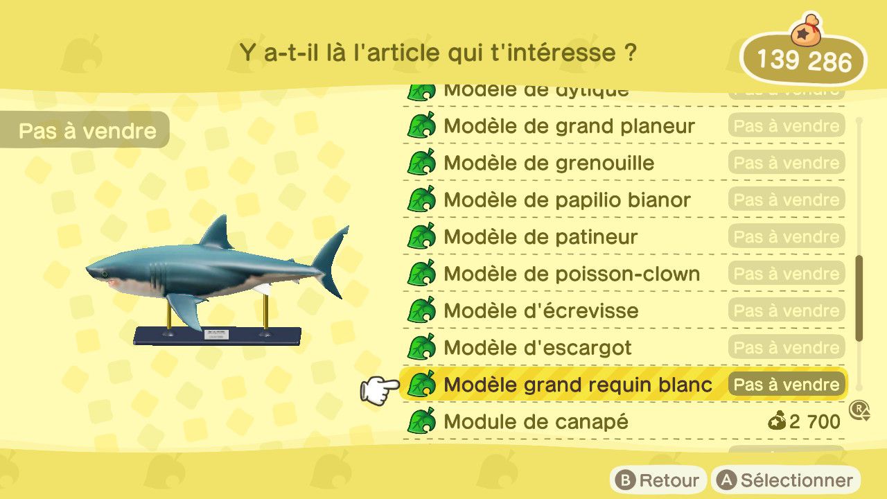 Grand Requin Blanc Animal Crossing Pollux (Le pêchiste en vadrouille) : - Animal Crossing New Leaf