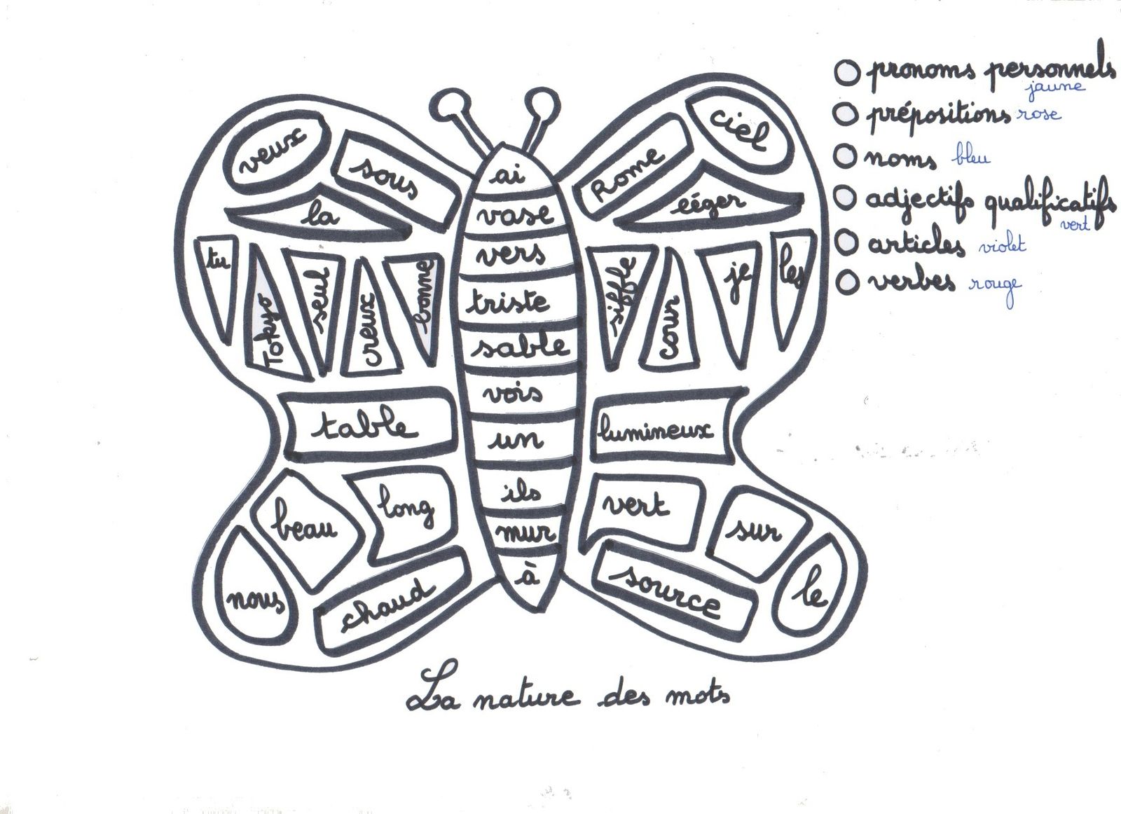 Coloriage codé, la nature des mots le papillon  La Classe de Myli Breizh