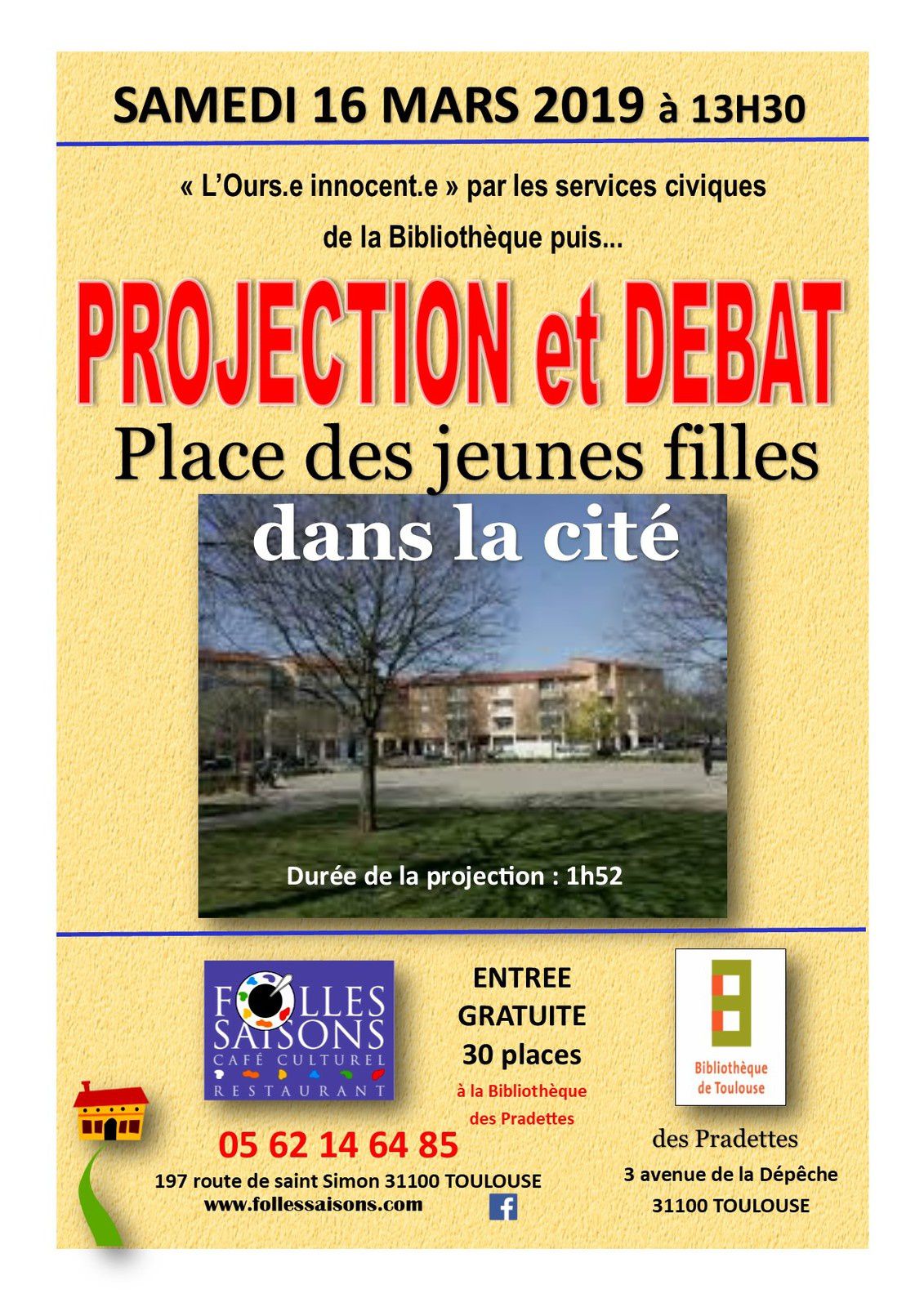 SAMEDI 16 MARS 2019 13H30 PROJECTION DE FILM à la Bibliothèque des Pradettes