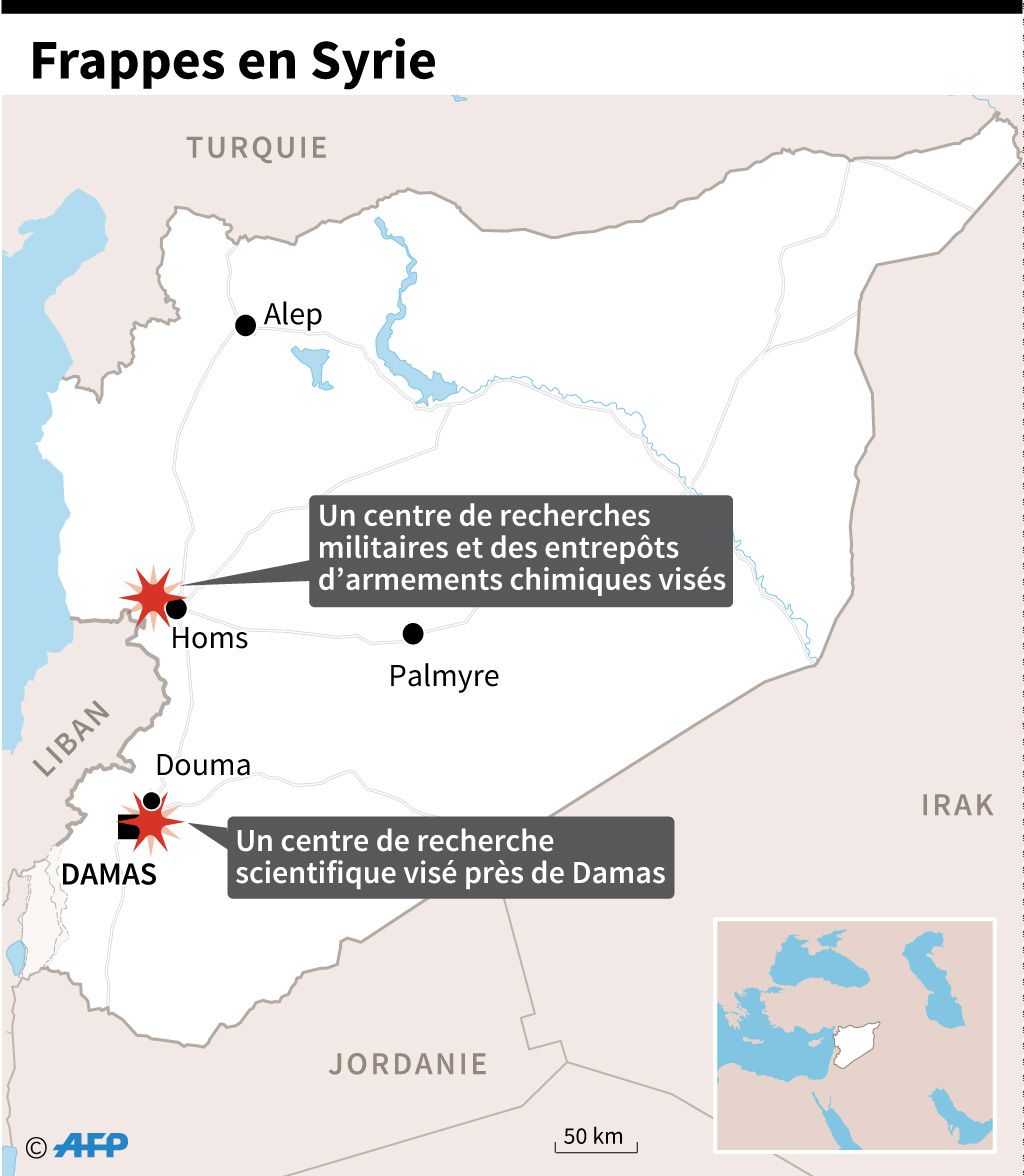 Carte des frappes franco-britannico-étatsuniennes en Syrie le 14.04.18 (c) AFP