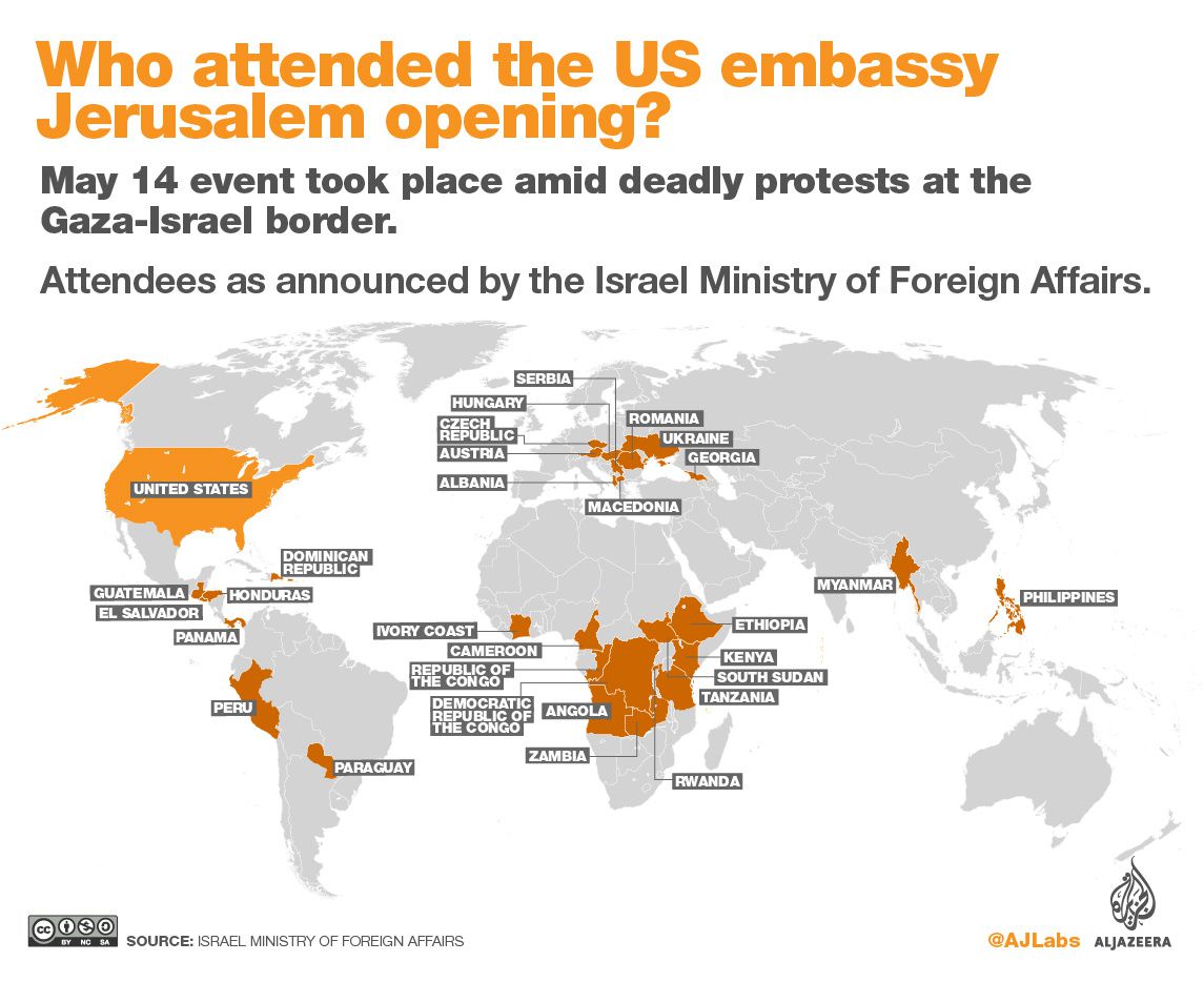Voici les pays qui ont assisté à l'ouverture de l'ambassade des États-Unis à Jérusalem (Al Jazeera)