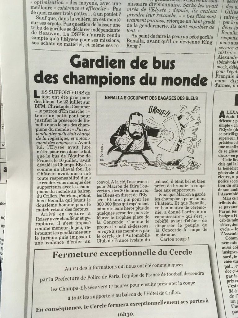 Selon Le Canard enchaîné, Benalla a été chargé d'amener le bus des Bleus dare dare à l'Elysée pour que Macron soit aux JTs de 20h avec l'équipe de France