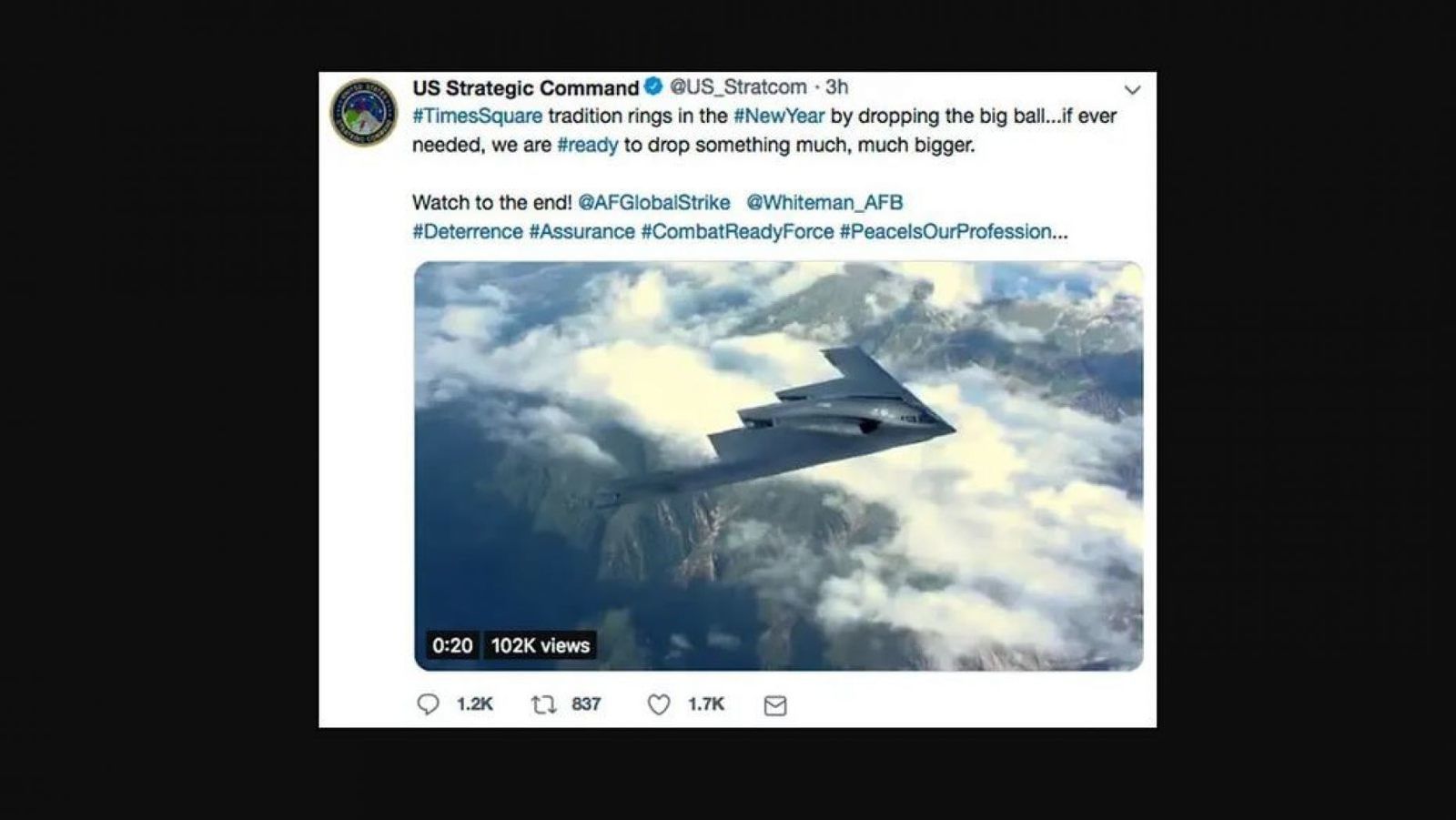 L'inquiétant et étrange tweet de l'armée US à la veille du Nouvel an a été effacé après des protestations