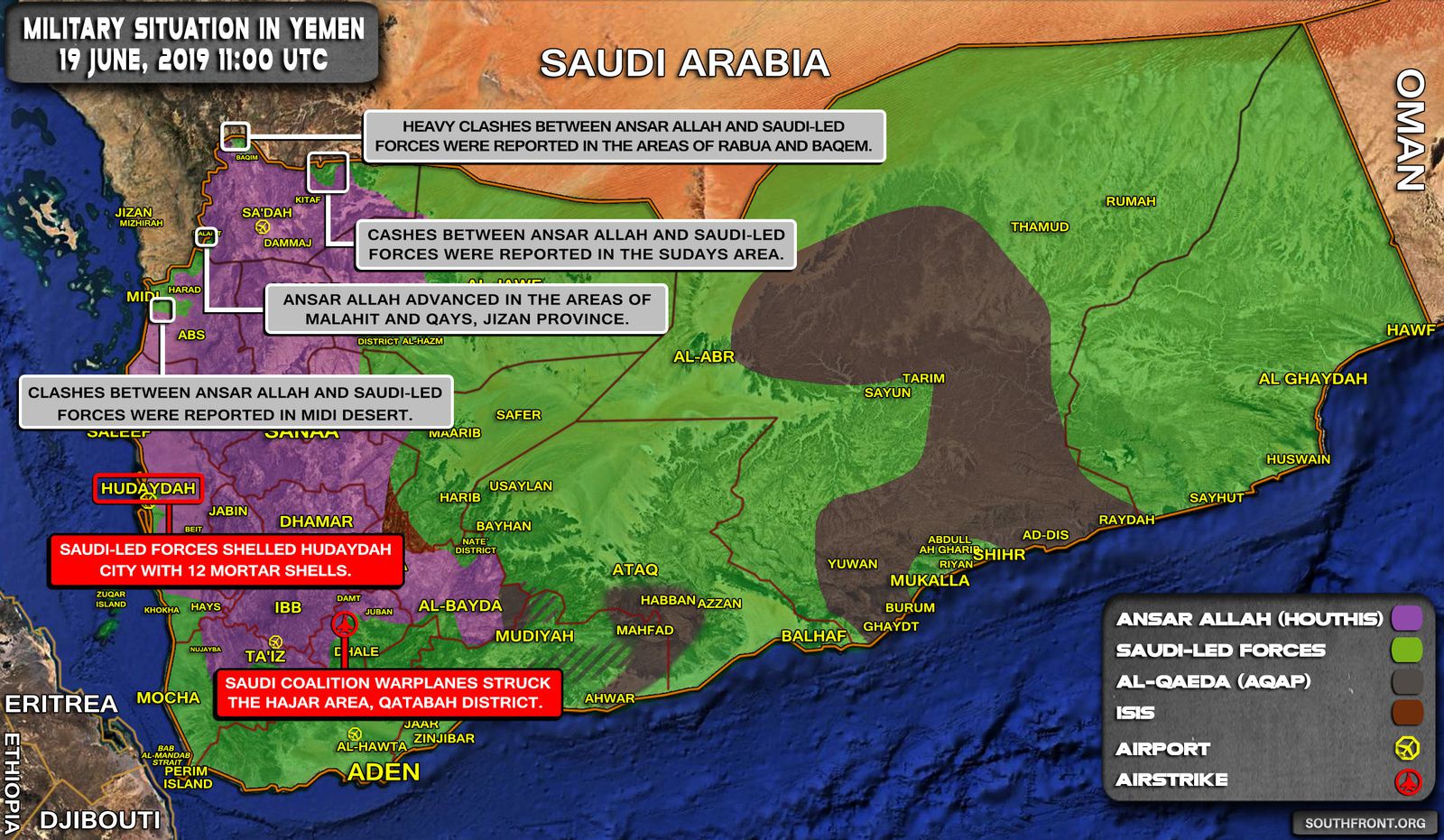 Situation militaire au Yémen au 19 juin 2019 (Southfront)