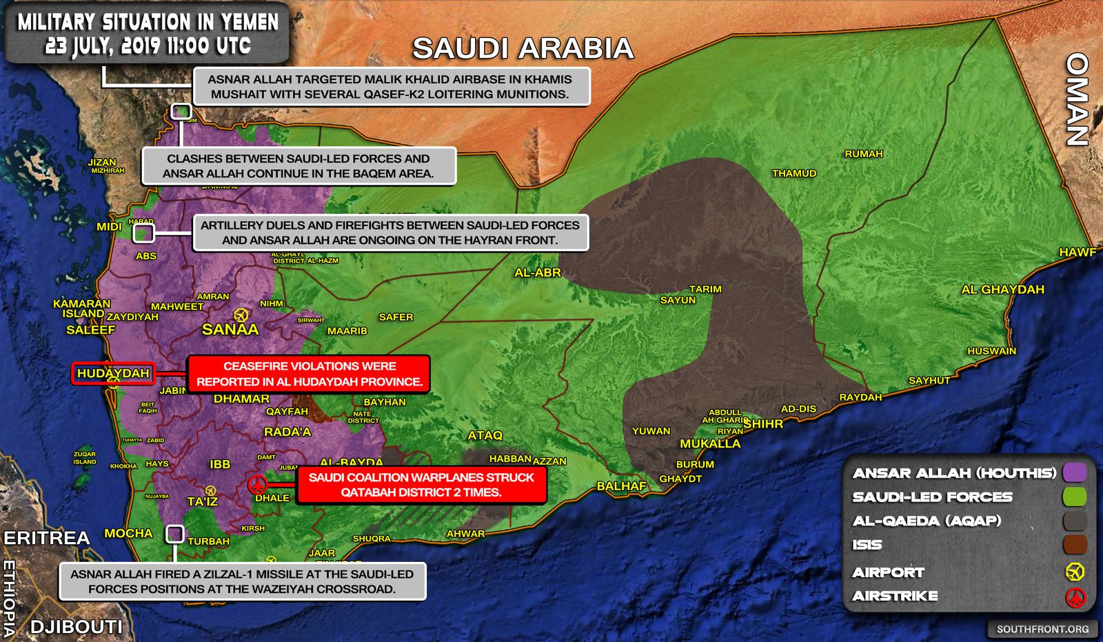 Situation militaire au Yémen au 23 juillet 2019 (Southfront)