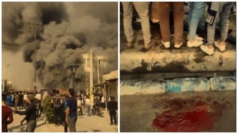 Une banque en feu à Behbahan (à gauche). Attroupement à Shivet après qu’un homme a été fauché par une balle (à droite). Capture d’écran de vidéos circulant sur Telegram et Twitter.