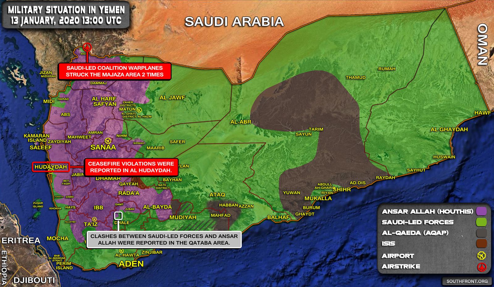 Situation militaire au Yémen au 13 janvier 2020 (Southfront)