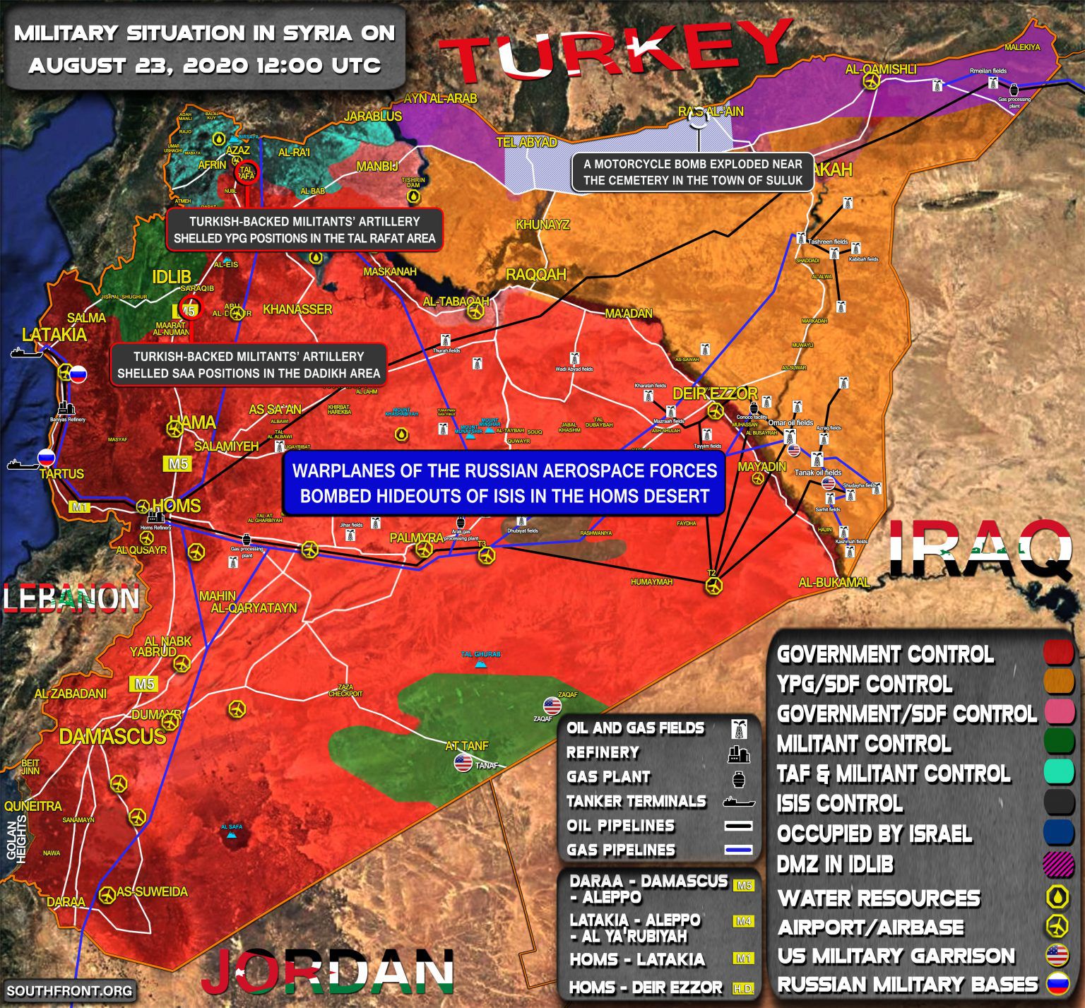 Situation militaire en Syrie au 23 août 2020 (Southfront)