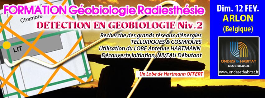 ARLON-Formation Geobiologie : DETECTION NIV.2 Les Réseaux" Découverte initiation. (Belgique) Dim. 12 Fevrier 2017 Les grands Réseaux d'énergies géomantiques, Telluriques et Cosmiques... Tarif 70€ incluant repas et matériel, 30€ d arrhes sont demandés pour réserver. Clôture des inscriptions le 2 fevrier 2017 L'adresse de la formation est : Centre d'accueil des prêtres du sacré coeur 81 rue du cloitre 6700 Clairefontaine (arlon) De 10h a 17h00 Stage decouverte et initiation : Tous niveaux et débutant Découvrir et comprendre : "Les grands réseaux d énergies sur notre planète, Réseaux Hartmann et Curry" entre autre, réseaux d origine tellurique ou cosmique, pour s'en protéger, en effet leurs Noeuds concentrent une forte energie qui est capable de traverser notre corps, d altérer notre bien être, notre santė et même de nous rendre malade... Il est important de savoir les détecter pour les éviter, principalement sur les endroits ou l'on stagne, se repose, ou nous dormons Les réseaux d'énergies telluriques et cosmiques quadrillent notre terre entière, ils forment sa barriere électromagnétique, qui nous protège entre autre des orages solaires... Les réseaux géomantiques étaient déjà connus et utilisés par nos ancêtres, menhirs, dolmens, lieux de culte païens, temples de toutes religions, construction en architecture sacrée... Un lobe de Hartmann vous sera offert pour la détection de ceux-ci Formation Niveau debutant, ouverte a tous, de tous ages, enfants, ados, adultes, seniors... Aucune prédisposition ou faculté n est nécessaire pour participer Pour plus d infos, cliquez ci dessous : https://www.facebook.com/events/1353426208010202/