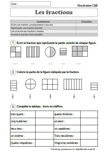 Evaluation Mathematiques Les Fractions Simples Cm1 Cm2 Fee Des Ecoles