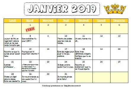 Calendrier d'écriture : Janvier 2019 -CM1-CM2 - Fée des écoles