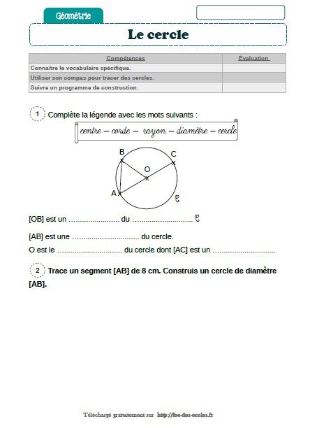 évaluations : le cercle -CM1-CM2 - Fée des écoles