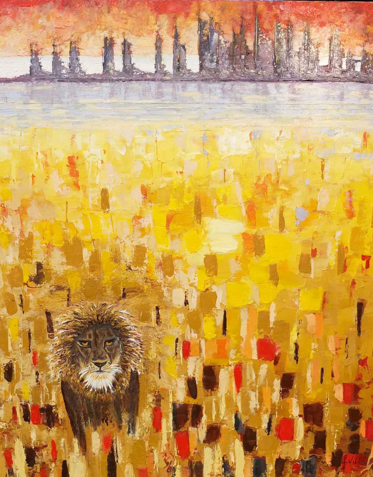 Lion dans la ville Huile sur toile de Cara Vitto peinture écriture lecture