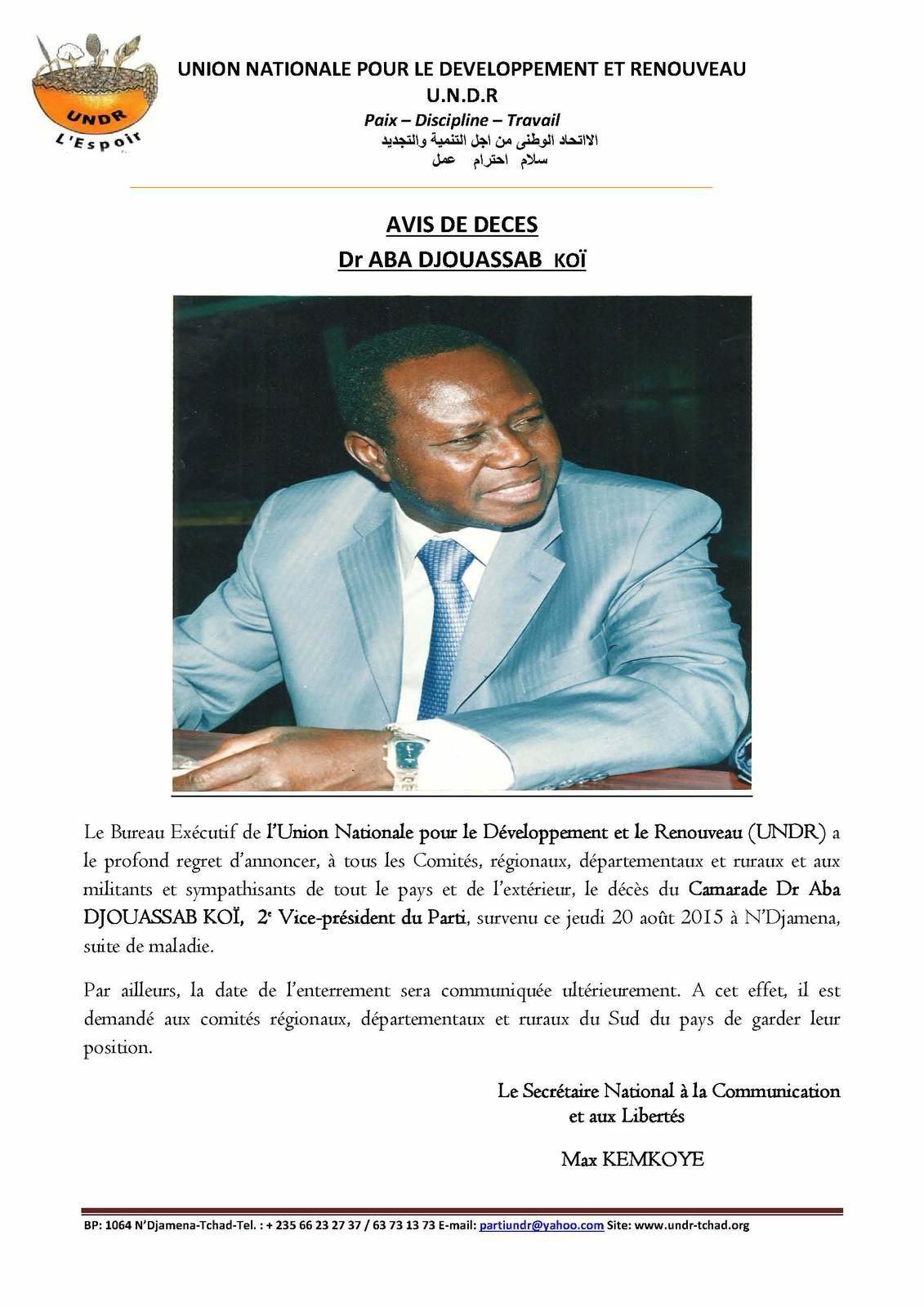 Tchad: AVIS DE DECES Dr ABA DJOUASSAB  KOÏ (UNDR)